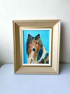 Framed Collie Dog Portrait in Blue Background